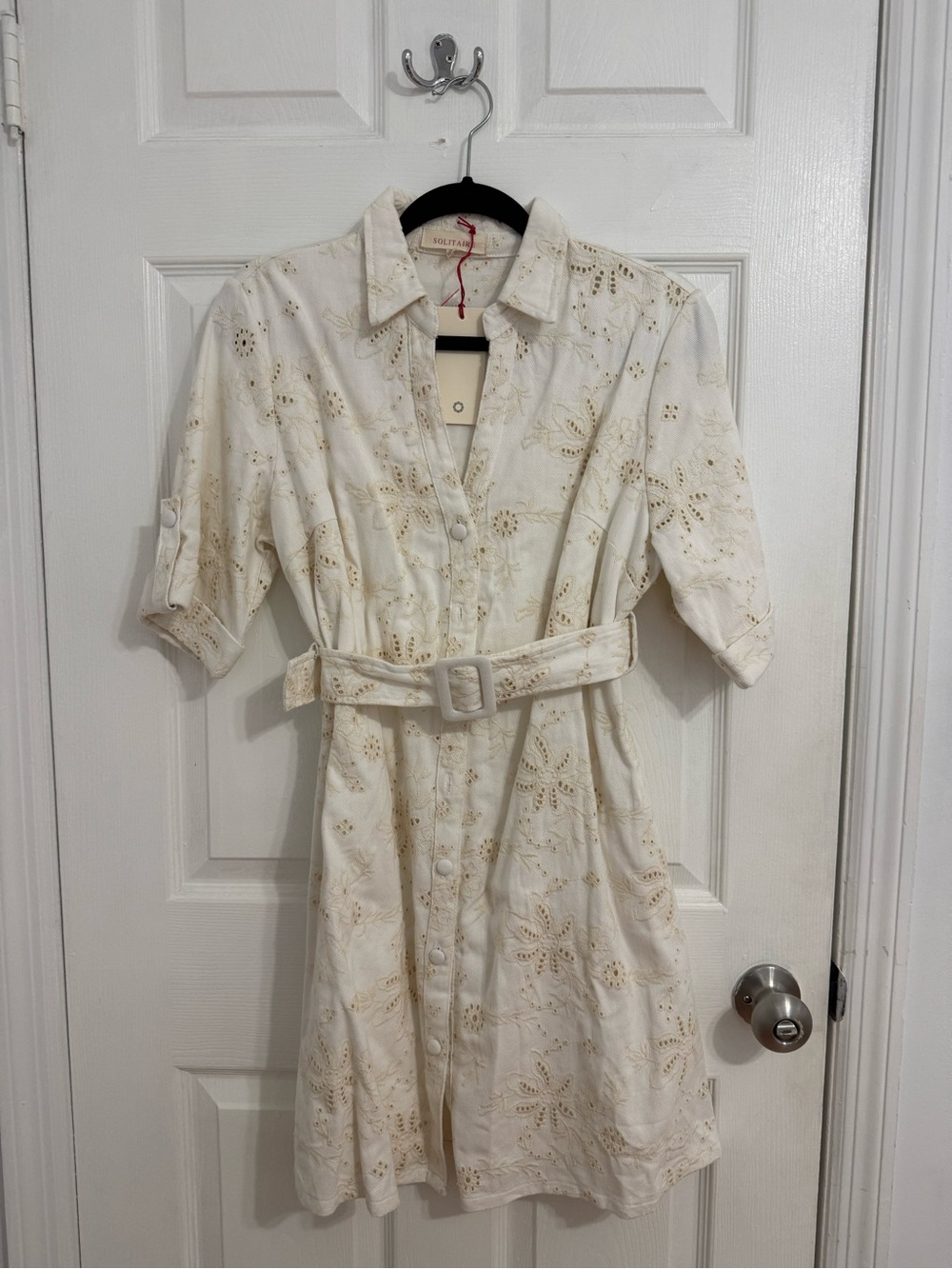NWT- Solitaire Cream Eyelet Shirt Mini Dress with Belt